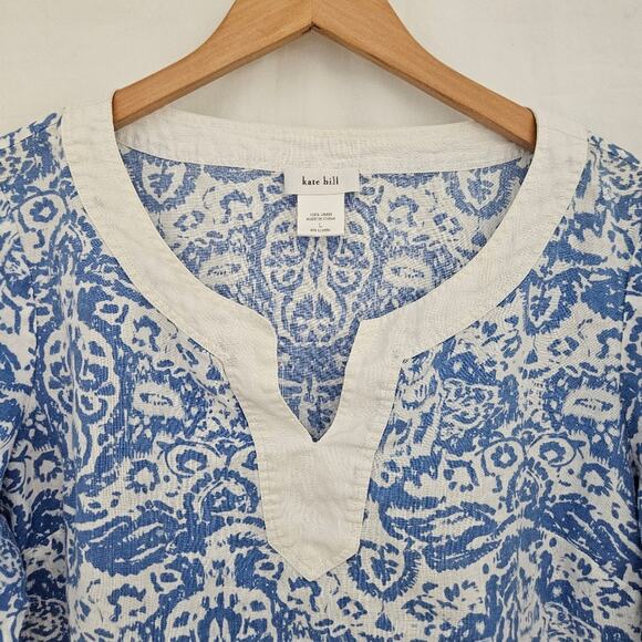 Kate Hill Linen Tunic Womens Large Coastal ¾ Sleeve Beach Lagenlook Nautical - Picture 2 of 8